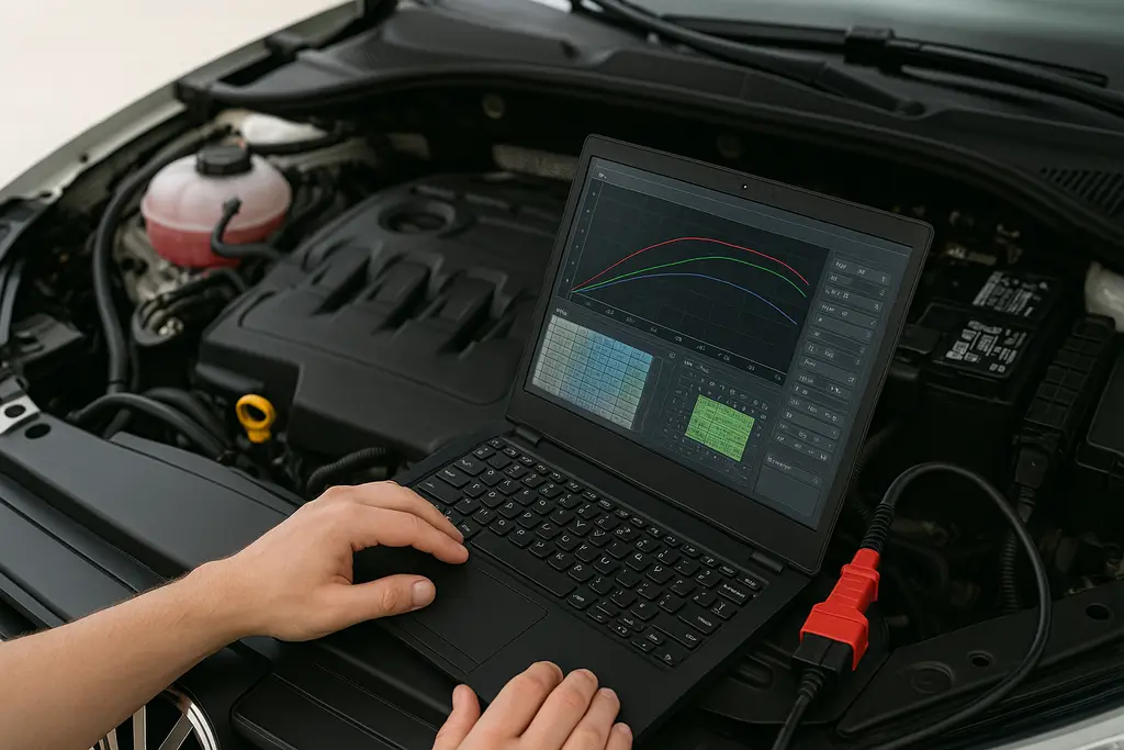 chip-tuning Laptop connected to car ECU for calibration